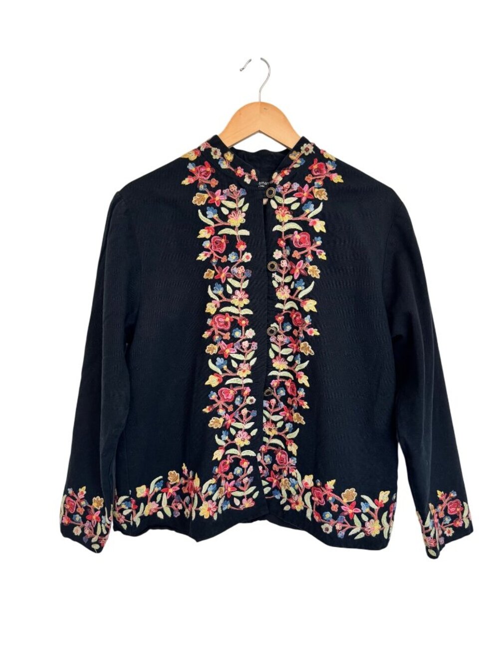 Persaman New York Black Embroidered Floral Button-Up Jacket Mandarin Collar Lg